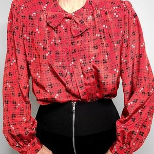 1980s Secretary Bow Pleated Vintage Blouse in Red Plaid